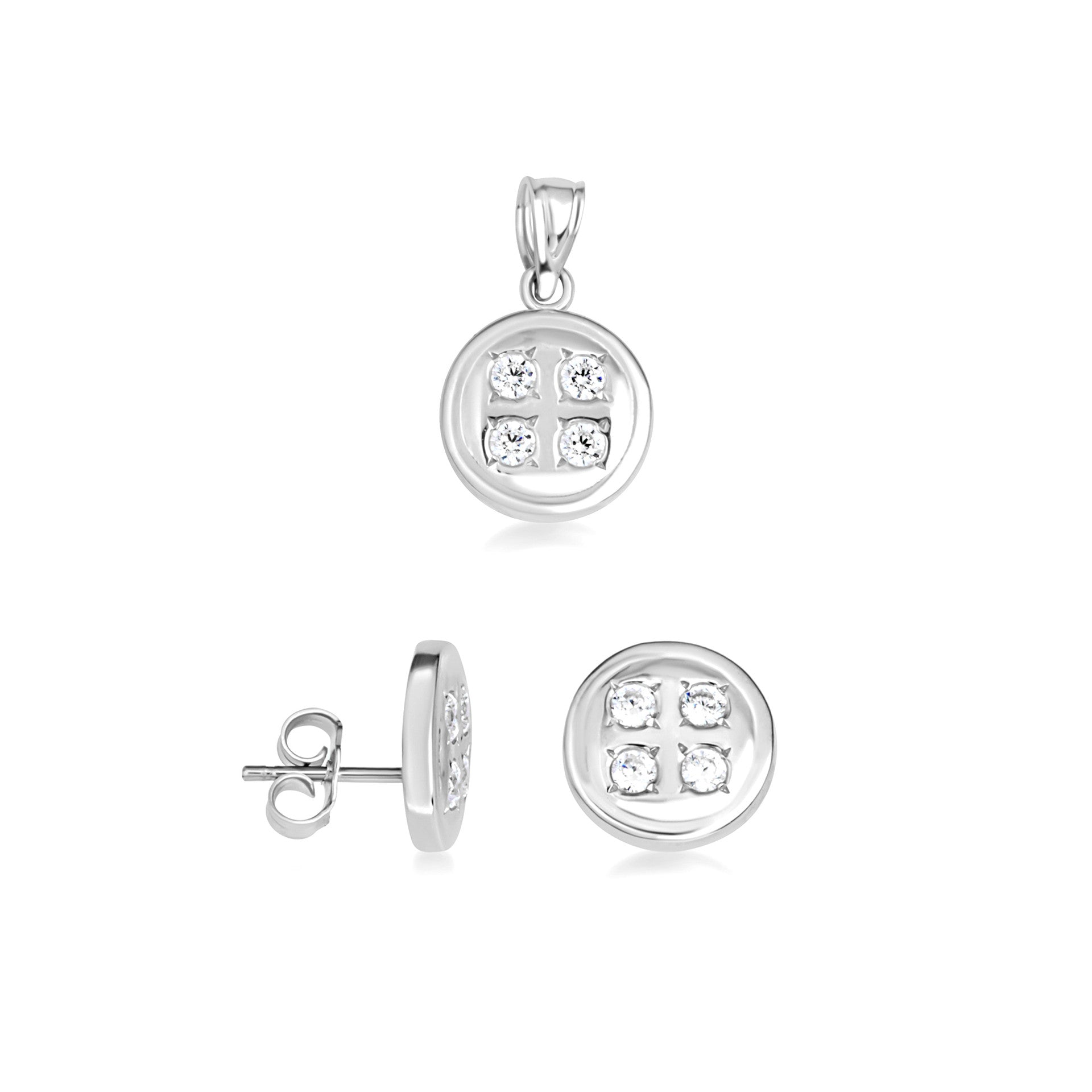 .925 Sterling Silver Button Stud Earrings Pendant Necklace Set