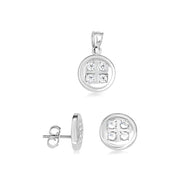 .925 Sterling Silver Button Stud Earrings Pendant Necklace Set