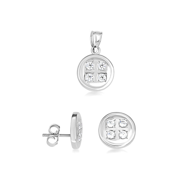 .925 Sterling Silver Button Stud Earrings Pendant Necklace Set