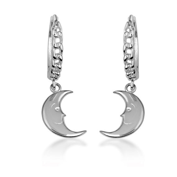 .925 Sterling Silver Crescent Moon Face Cuban Link Huggie Hoop Earrings