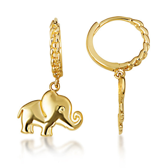 Yellow Gold Elephant Wildlife Cuban Link Huggie Hoop Earrings