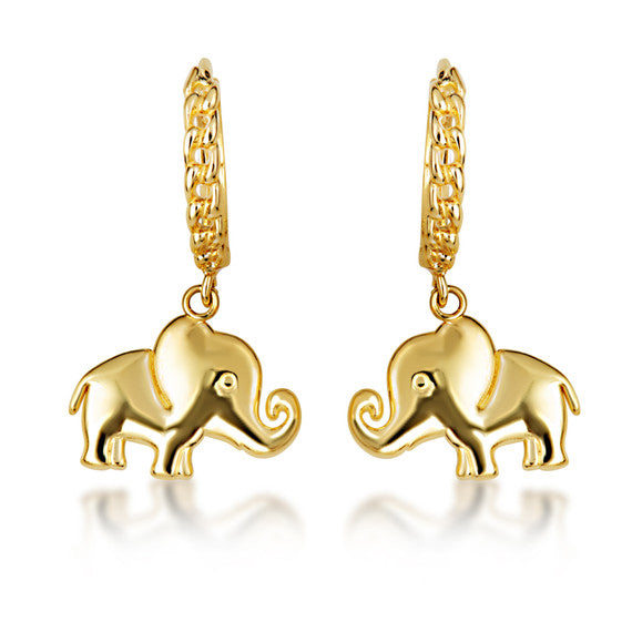 Yellow Gold Elephant Wildlife Cuban Link Huggie Hoop Earrings