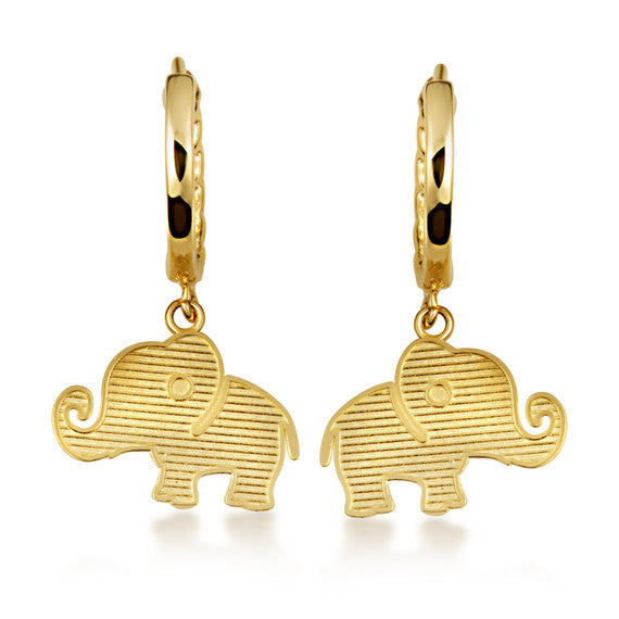 Yellow Gold Elephant Wildlife Cuban Link Huggie Hoop Earrings