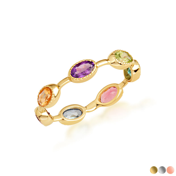 Gold Multicolor Oval Birthstone Eternity Band Ring (Available in Yellow/Rose/White Gold)