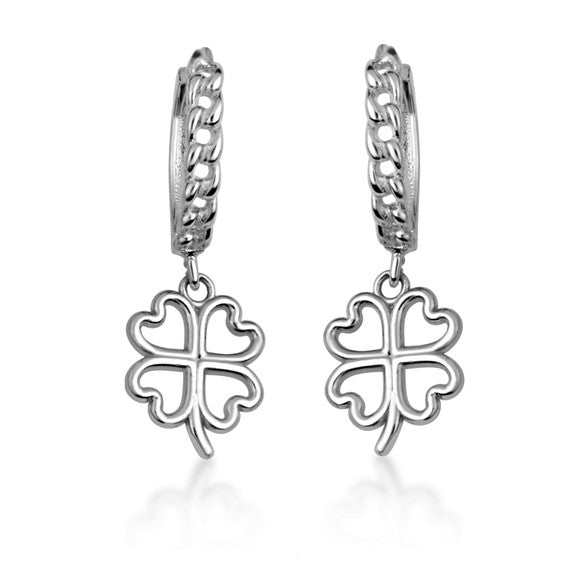 .925 Sterling Silver 4 Leaf Clover Lucky Cuban Link Huggie Hoop Earrings