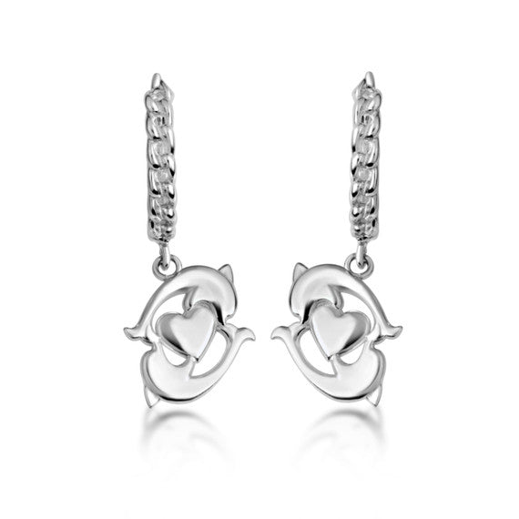 .925 Sterling Silver Dolphin Heart Cuban Link Huggie Hoop Earrings
