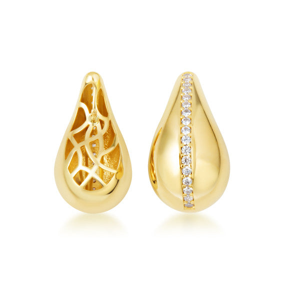 14K Yellow Gold Cubic Zirconia Striped Teardrop Caged Back Stud Earrings