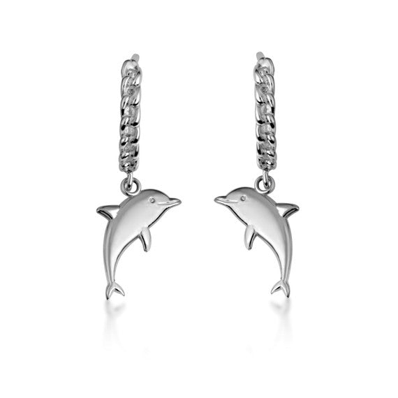.925 Sterling Silver Marine Dolphin Cuban Link Huggie Hoop Earrings