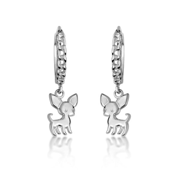 .925 Sterling Silver Chihuahua Pet Dog Cuban Link Huggie Hoop Earrings