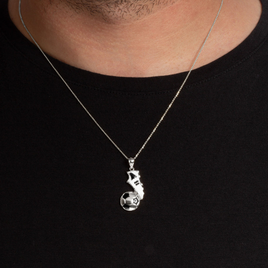 .925 Sterling Silver Enamel Soccer Ball Cleats Shoe Sports Pendant Necklace
