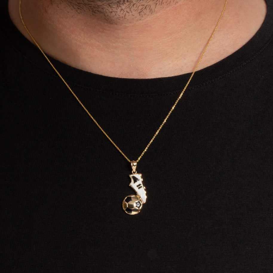 Gold Enamel Soccer Ball Cleats Shoe Sports Pendant Necklace (Available in Yellow/Rose/White Gold)