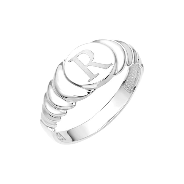 .925 Sterling Silver Engravable Initial Letter A-Z Ribbed Signet Ring