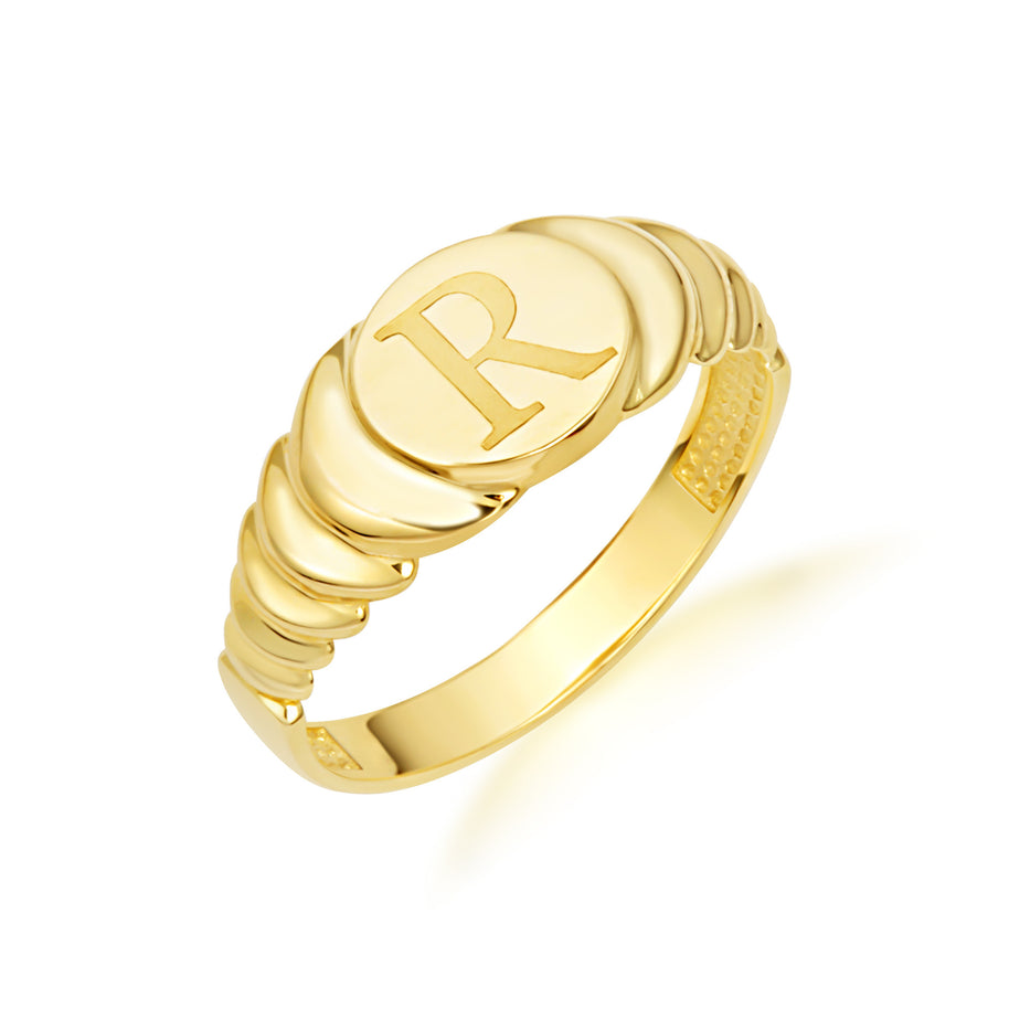 Yellow Gold Engravable Initial Letter A-Z Ribbed Signet Ring