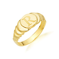 Yellow Gold Engravable Initial Letter A-Z Ribbed Signet Ring