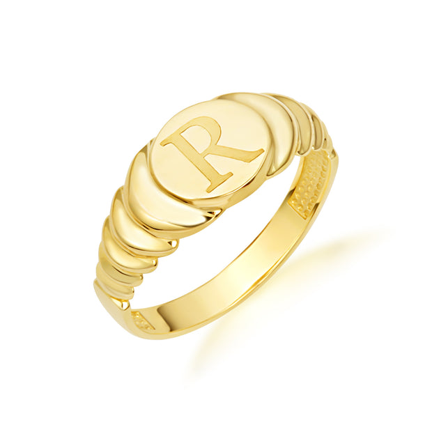 Yellow Gold Engravable Initial Letter A-Z Ribbed Signet Ring