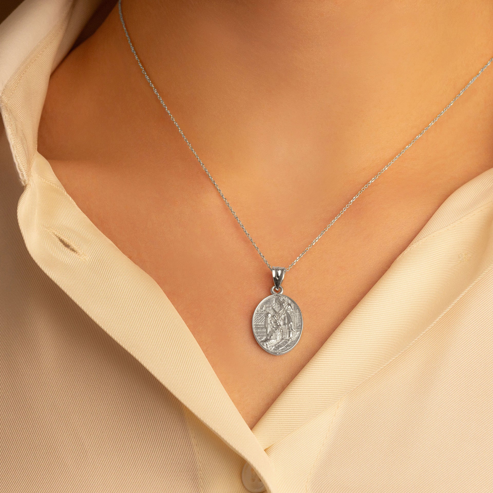 .925 Sterling Silver Religious Baby Jesus Mary & Joseph Oval Medallion Pendant Necklace