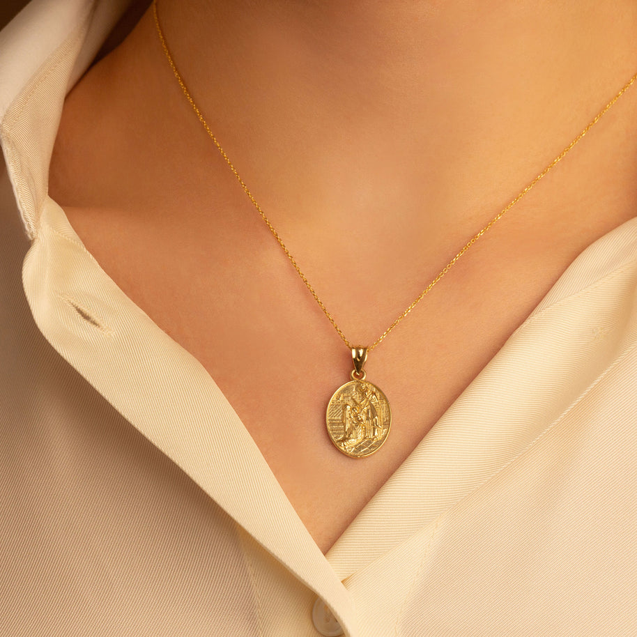 Gold Religious Baby Jesus Mary & Joseph Oval Medallion Pendant Necklace (Available in Yellow/Rose/White Gold)
