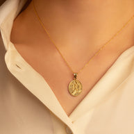 Gold Religious Baby Jesus Mary & Joseph Oval Medallion Pendant Necklace (Available in Yellow/Rose/White Gold)