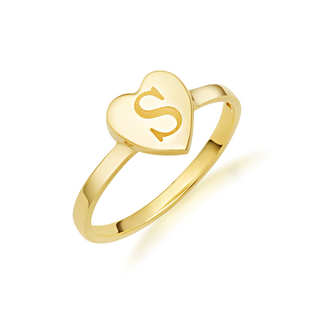 Yellow Gold Engravable Initial Letter A-Z Heart Ring