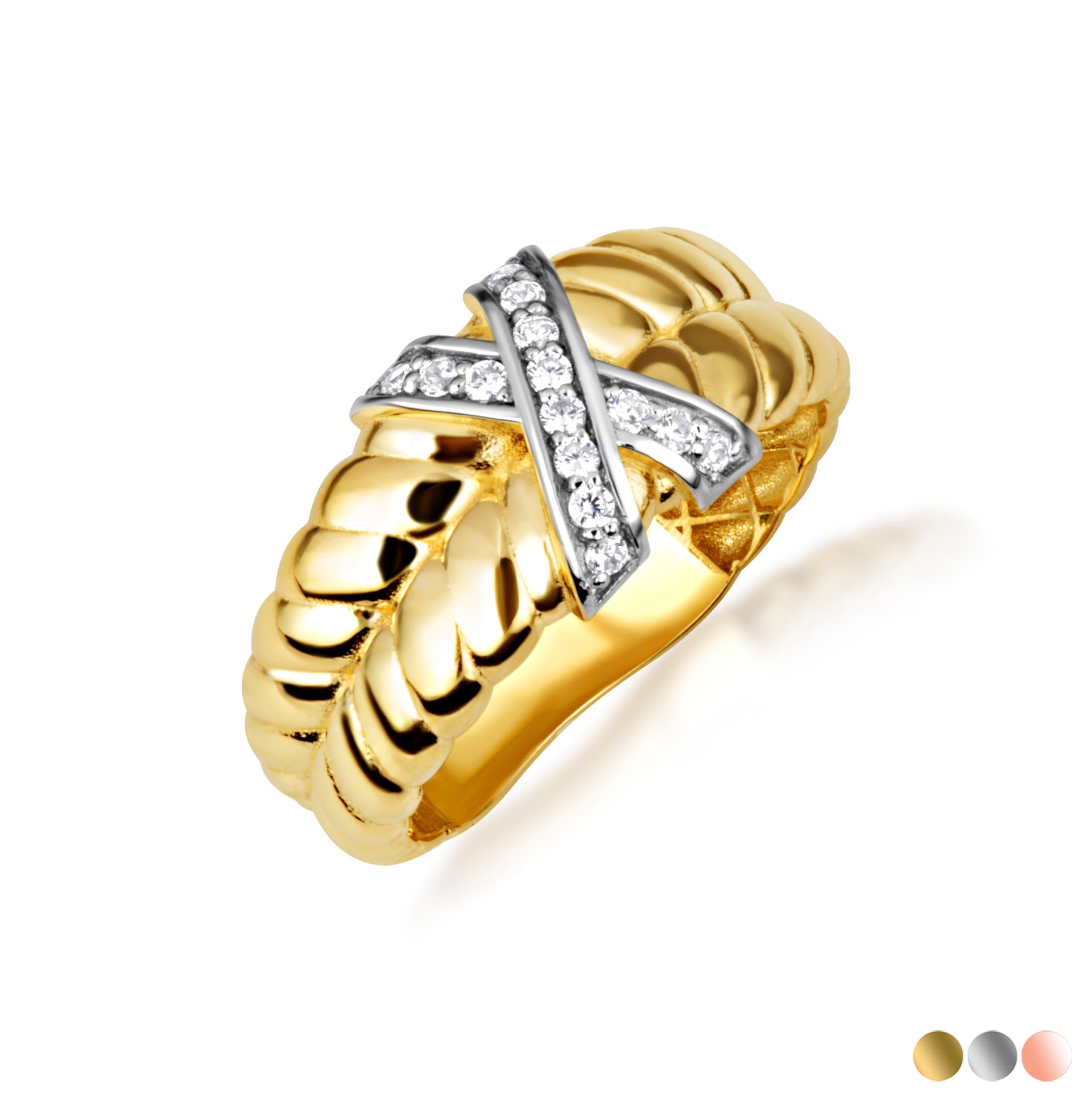Two-Tone Gold Ribbed X Design Ring (Available in Yellow/Rose/White Gold)