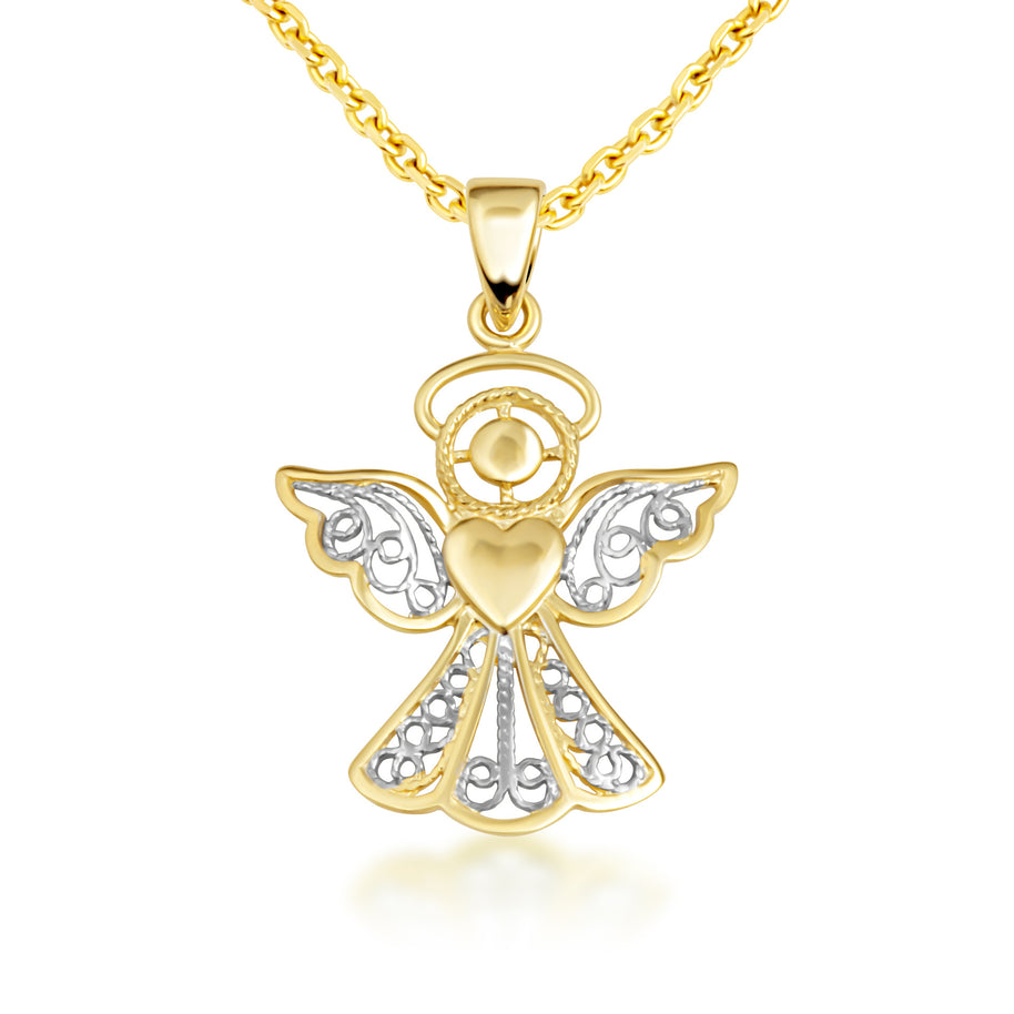 Two-Tone Gold Filigree Angel Heart Pendant Necklace