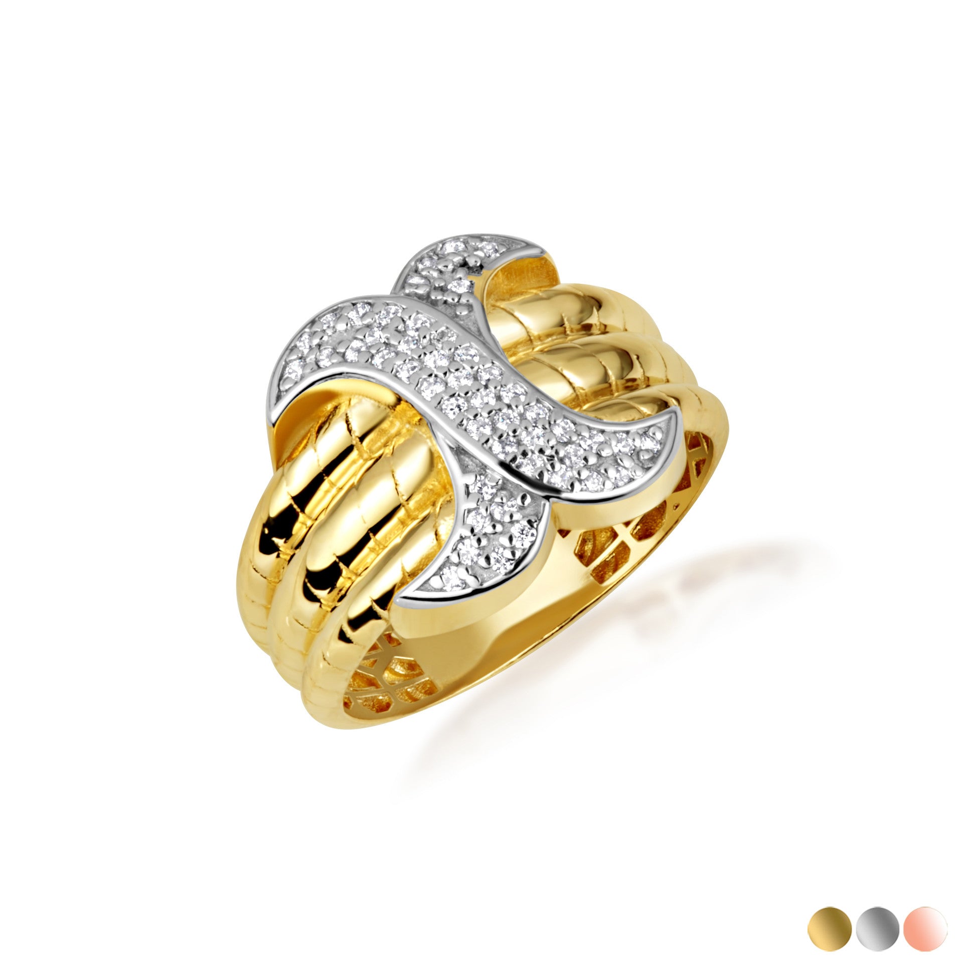 Two-Tone Gold Diamond X Design Multi Row Triple Band Ring (Available in Yellow/Rose/White Gold)