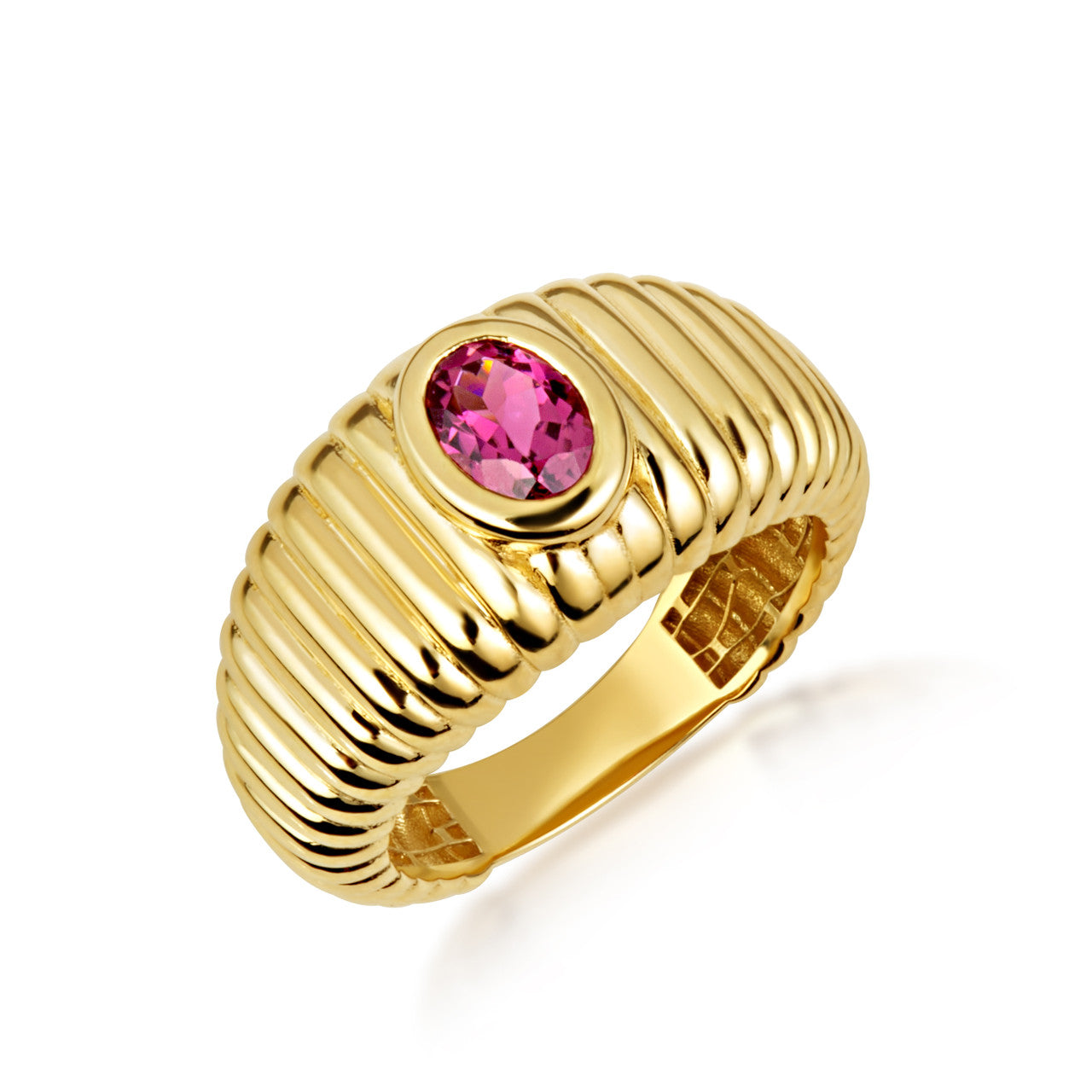 Gold Oval Birthstone Ribbed Cocktail Ring (Available in Yellow/Rose/White Gold)