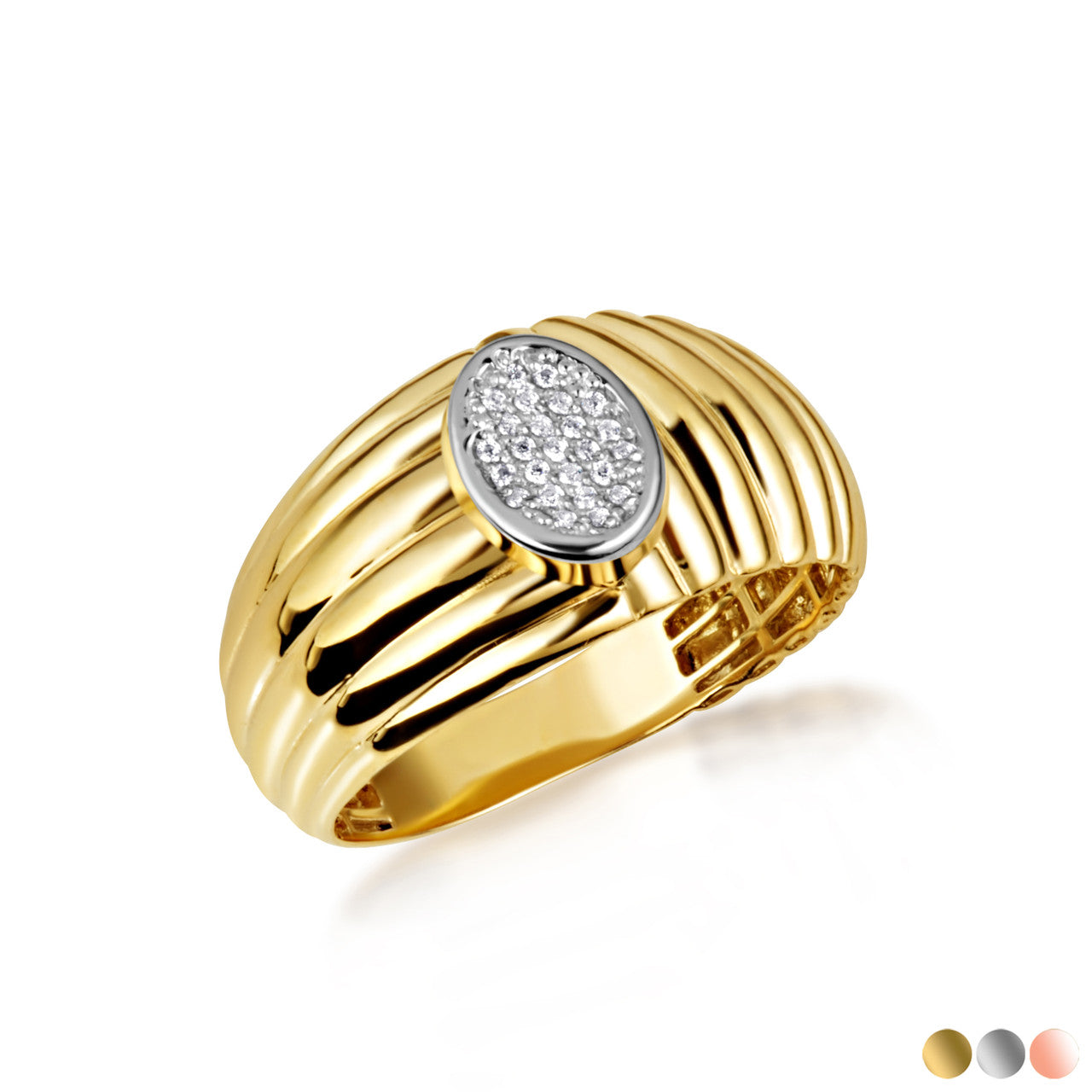 Two-Tone Gold Ribbed Oval Solitaire Diamond Ring (Available in Yellow/Rose/White Gold)