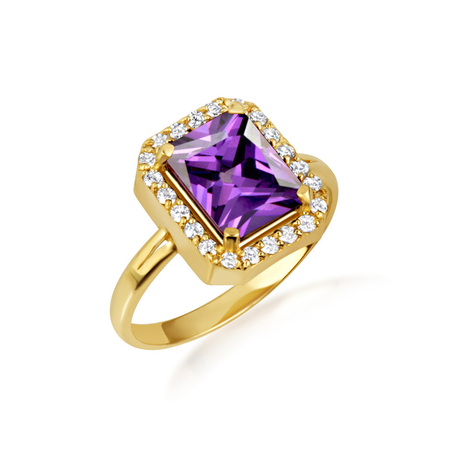 Gold Radiant Cut CZ Birthstone Halo Ring (Available in Yellow/Rose/White Gold)
