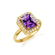 Gold Radiant Cut CZ Birthstone Halo Ring (Available in Yellow/Rose/White Gold)