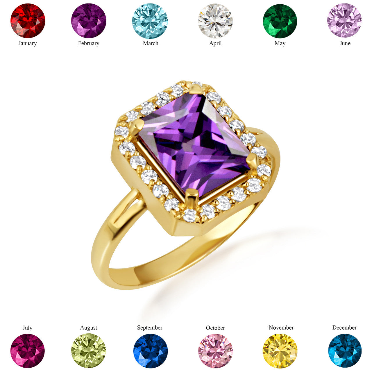 Gold Radiant Cut CZ Birthstone Halo Ring (Available in Yellow/Rose/White Gold)