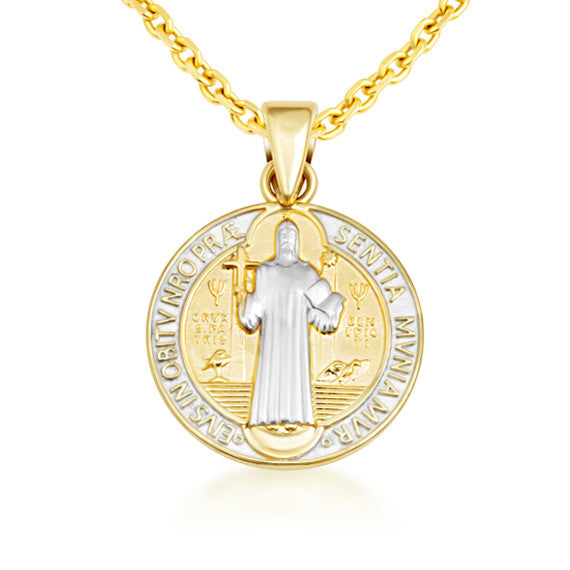 Two-Tone Gold Saint Benedict Cross Medallion Reversible Pendant Necklace