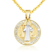 Two-Tone Gold Saint Benedict Cross Medallion Reversible Pendant Necklace