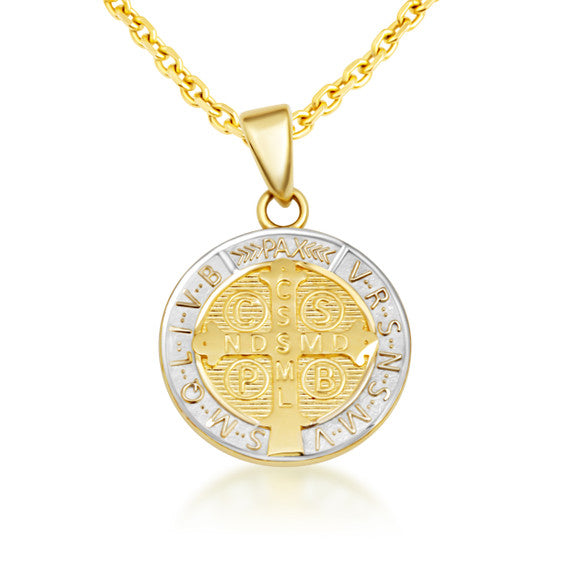 Two-Tone Gold Saint Benedict Cross Medallion Reversible Pendant Necklace
