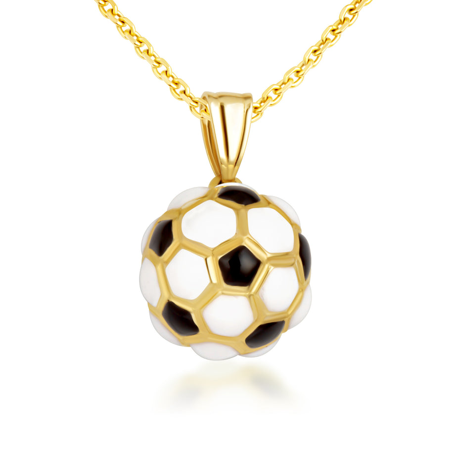 Yellow Gold 3D Enamel Soccer Ball Sports Pendant Necklace
