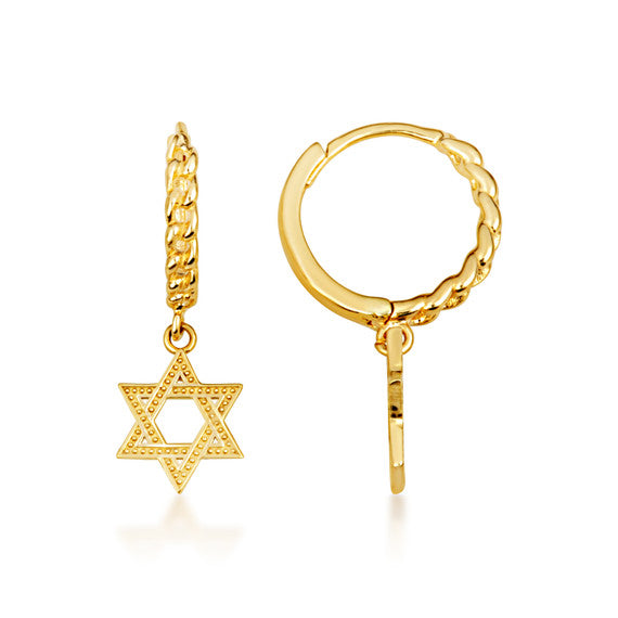 Yellow Gold Jewish Star Of David Textured Cuban Link Huggie Hoop Earrings