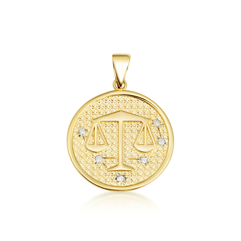 12 Astrological Gold Diamond Zodiac Disc Pendant Necklace (Available in Yellow/Rose/White Gold)
