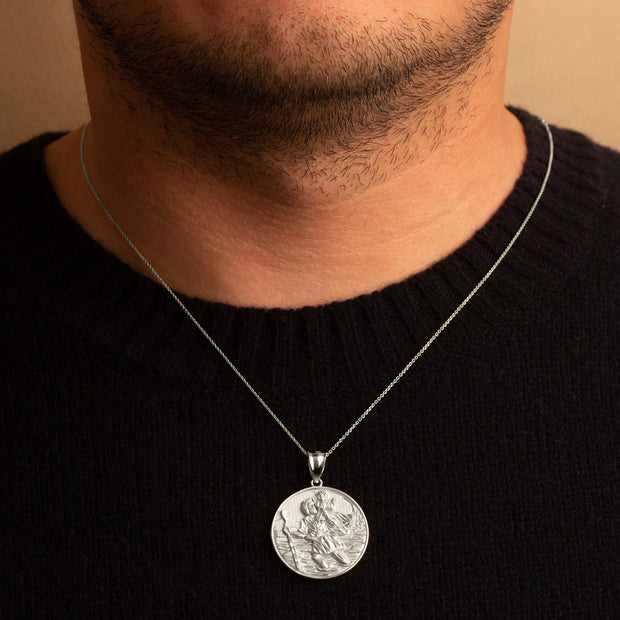 .925 Sterling Silver Diamond Cut Patron Saint Christopher Medallion Pendant Necklace Pendant Necklace