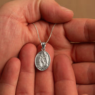 .925 Sterling Silver Religious Baby Jesus Mary & Joseph Oval Medallion Pendant Necklace