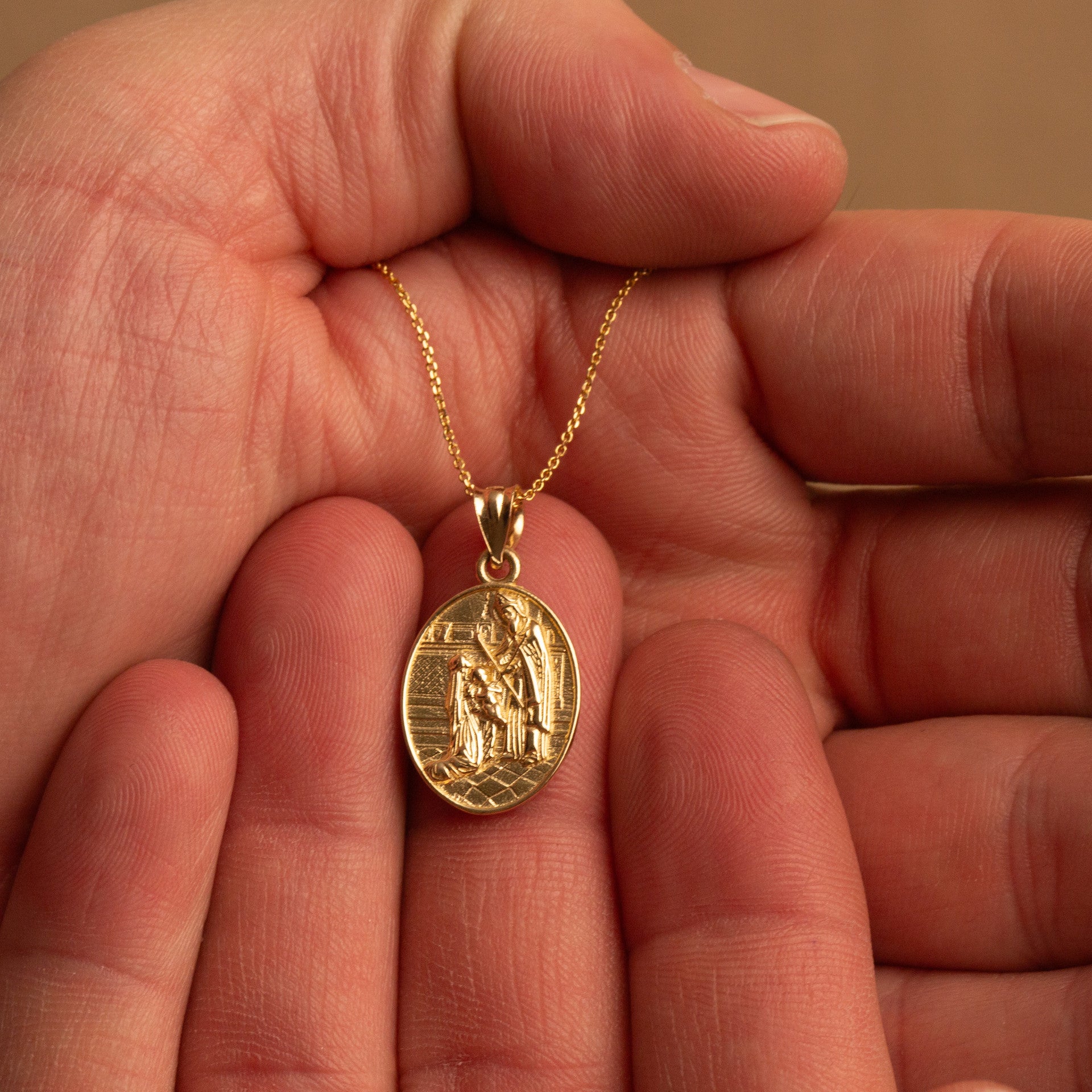 Gold Religious Baby Jesus Mary & Joseph Oval Medallion Pendant Necklace (Available in Yellow/Rose/White Gold)
