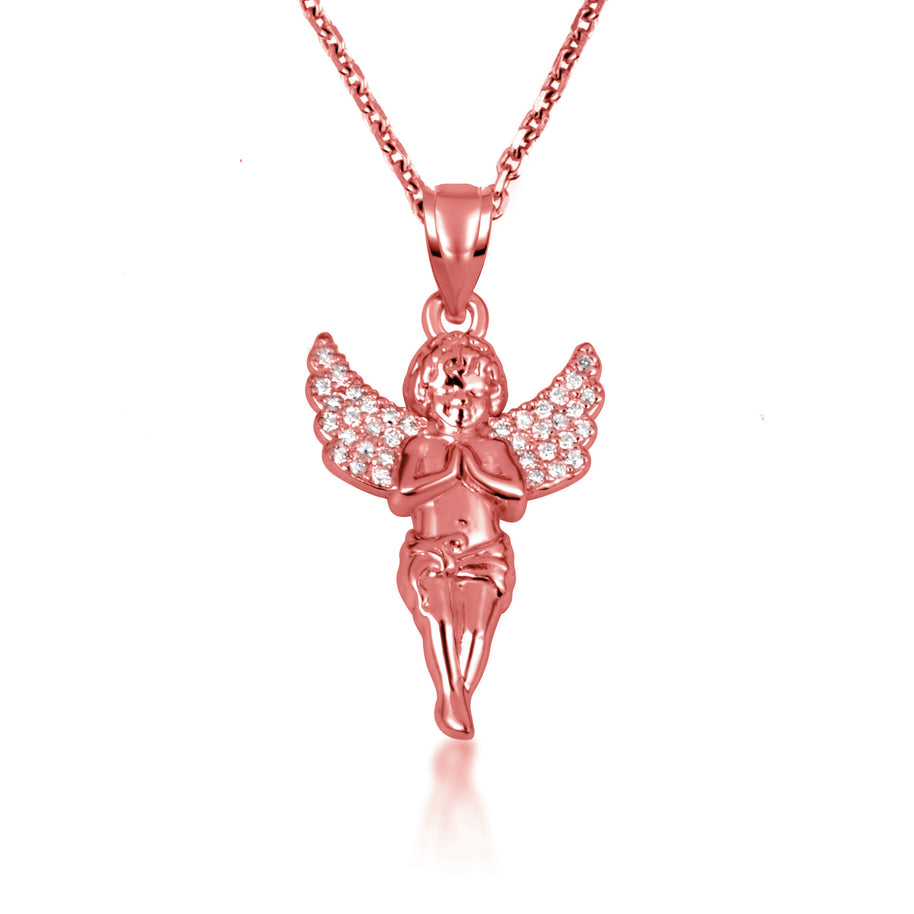 Gold Cherub Angel Diamond Wings Pendant Necklace (Available in Yellow/Rose/White Gold)