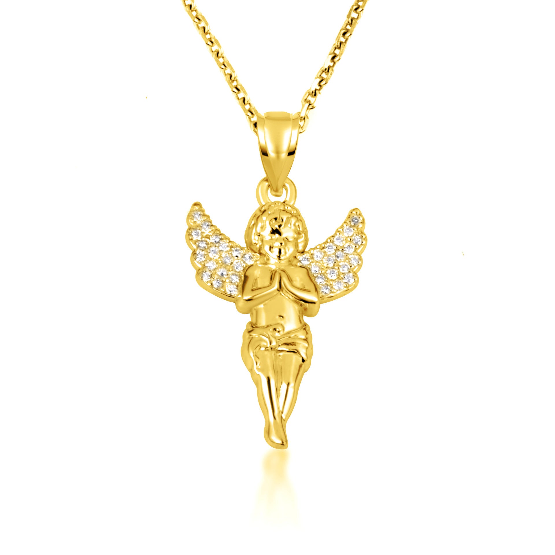 Gold Cherub Angel Diamond Wings Pendant Necklace (Available in Yellow/Rose/White Gold)
