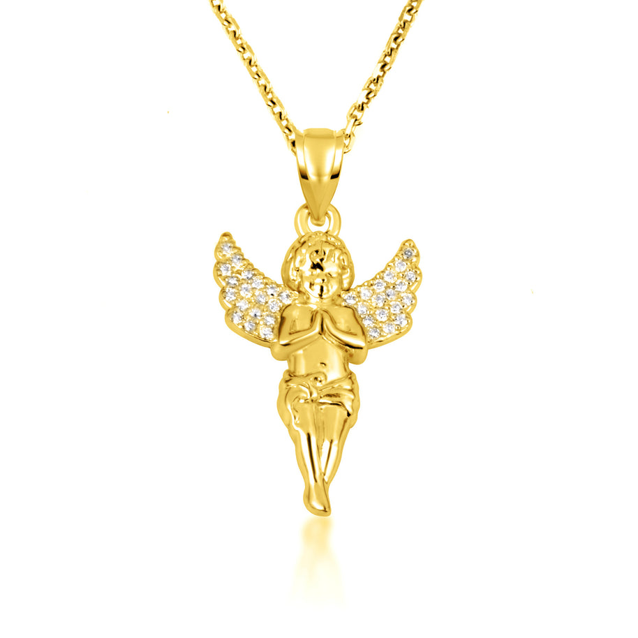 Gold Cherub Angel Diamond Wings Pendant Necklace (Available in Yellow/Rose/White Gold)