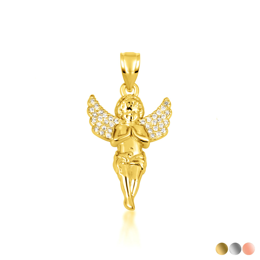 Gold Cherub Angel Diamond Wings Pendant Necklace (Available in Yellow/Rose/White Gold)