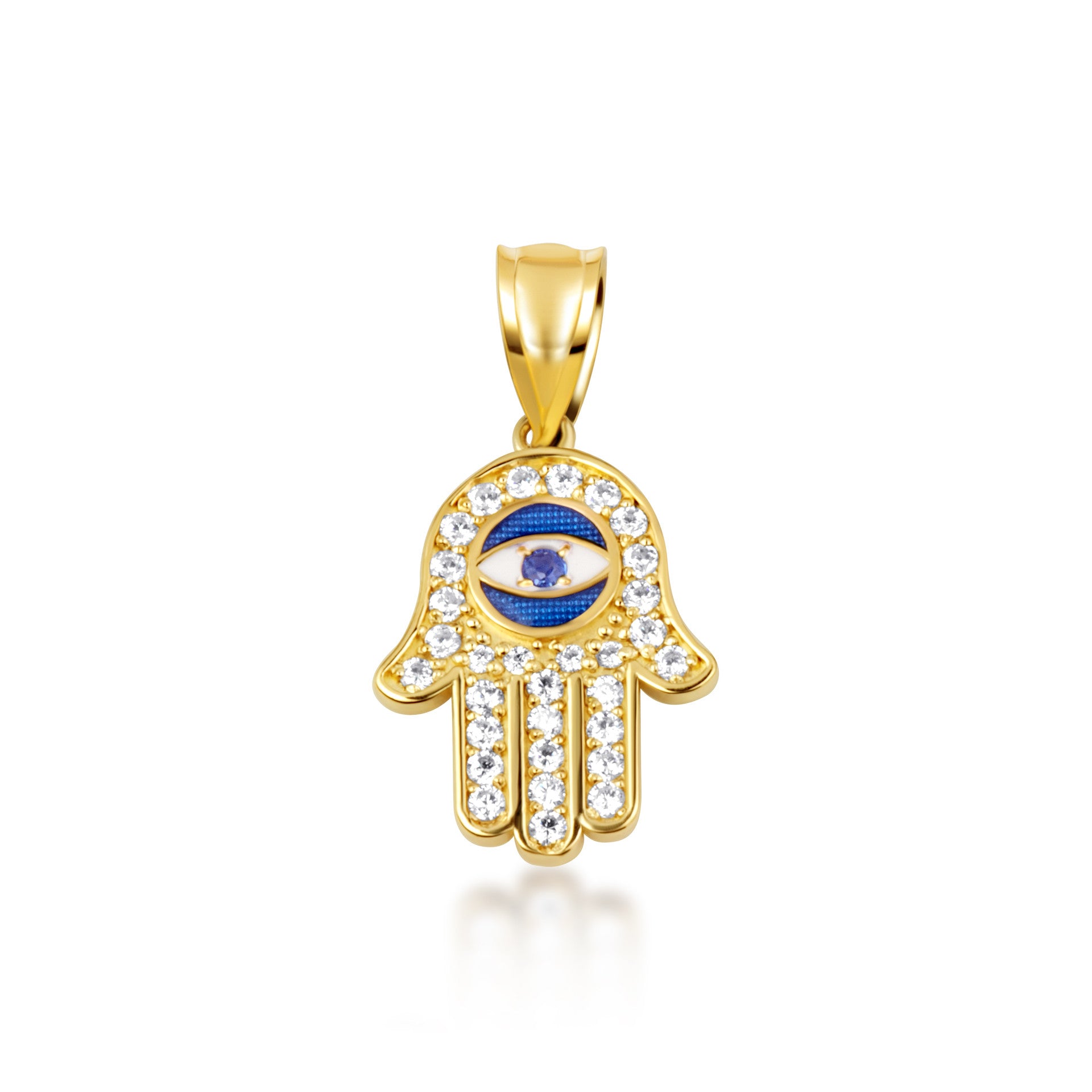 Gold Enamel Cubic Zirconia Studded Hamsa Hand Evil Eye Of Protection Pendant Necklace (Available in Yellow/Rose/White Gold)