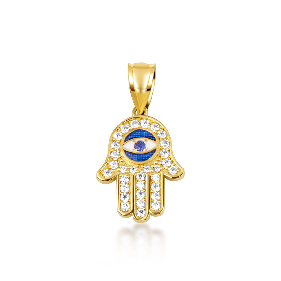 Gold Enamel Cubic Zirconia Studded Hamsa Hand Evil Eye Of Protection Pendant Necklace (Available in Yellow/Rose/White Gold)