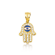 Gold Enamel Cubic Zirconia Studded Hamsa Hand Evil Eye Of Protection Pendant Necklace (Available in Yellow/Rose/White Gold)