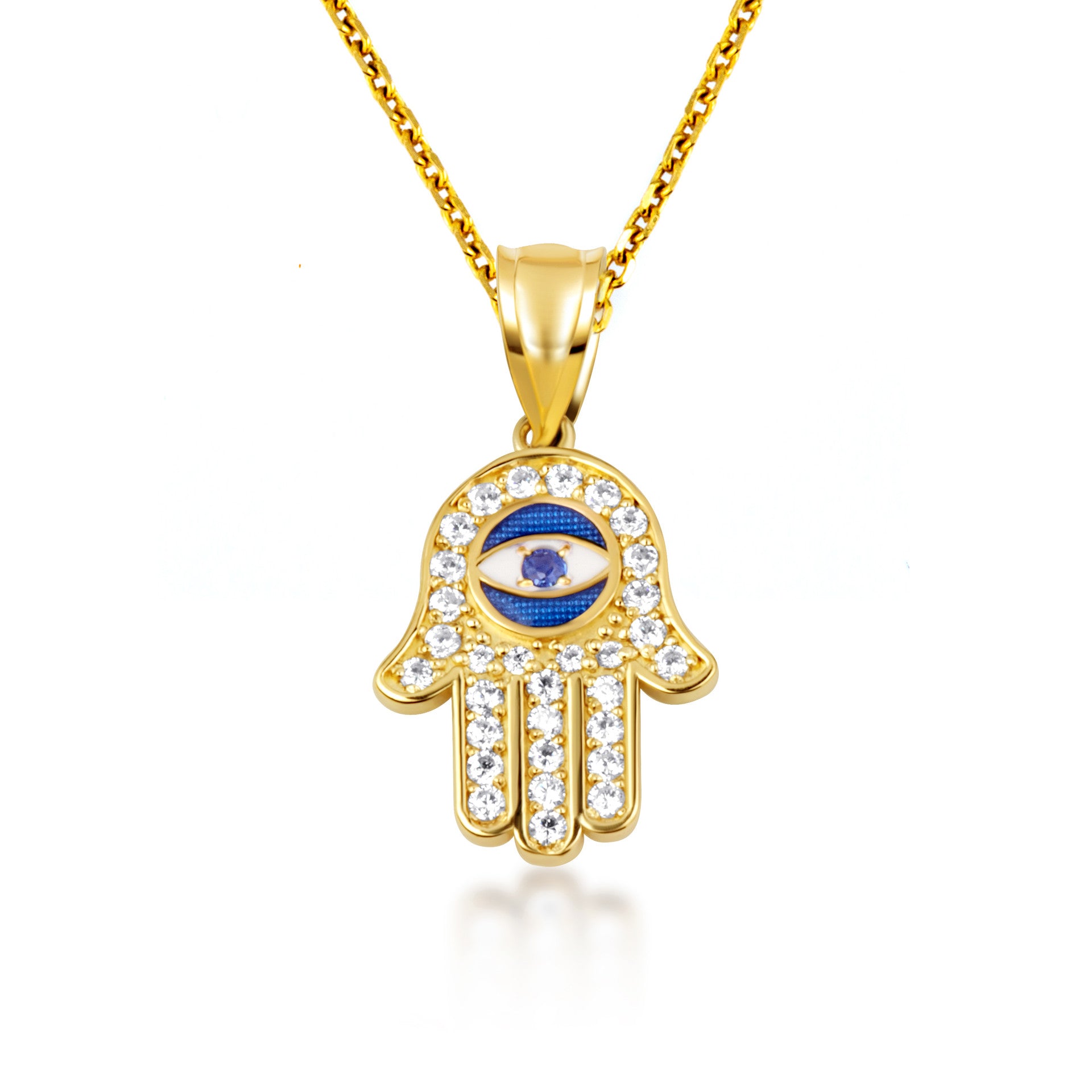 Gold Enamel Cubic Zirconia Studded Hamsa Hand Evil Eye Of Protection Pendant Necklace (Available in Yellow/Rose/White Gold)