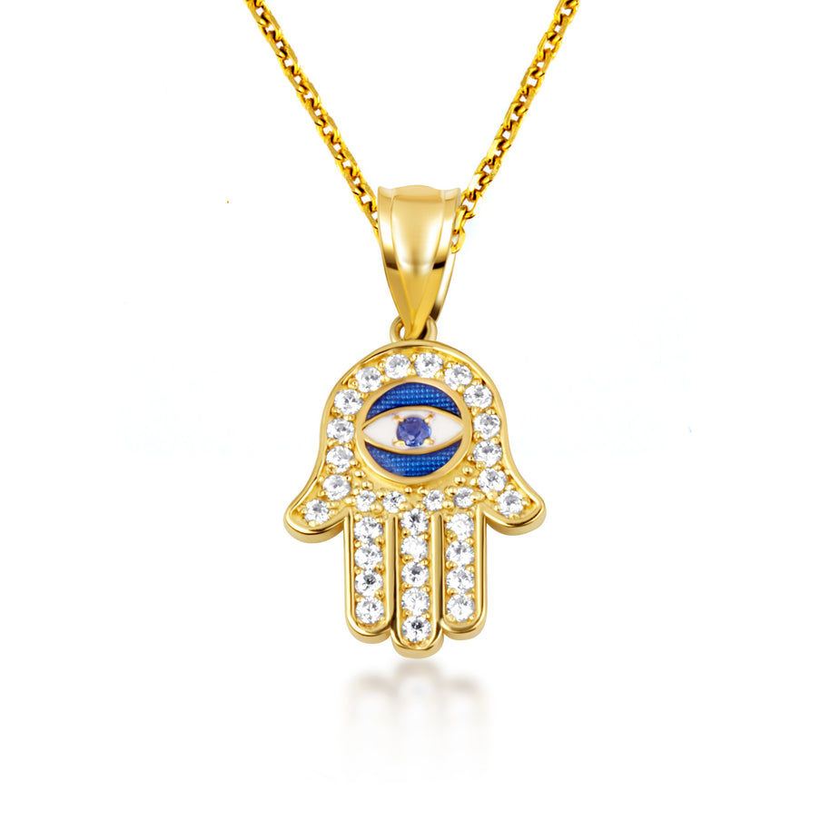 Gold Enamel Cubic Zirconia Studded Hamsa Hand Evil Eye Of Protection Pendant Necklace (Available in Yellow/Rose/White Gold)