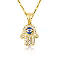Gold Enamel Cubic Zirconia Studded Hamsa Hand Evil Eye Of Protection Pendant Necklace (Available in Yellow/Rose/White Gold)